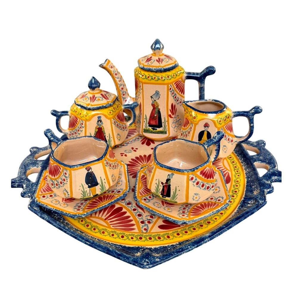 French Vire Faience Vintage Tray Teapot Cups Sugar Cream Covered Dish-9 PC Set